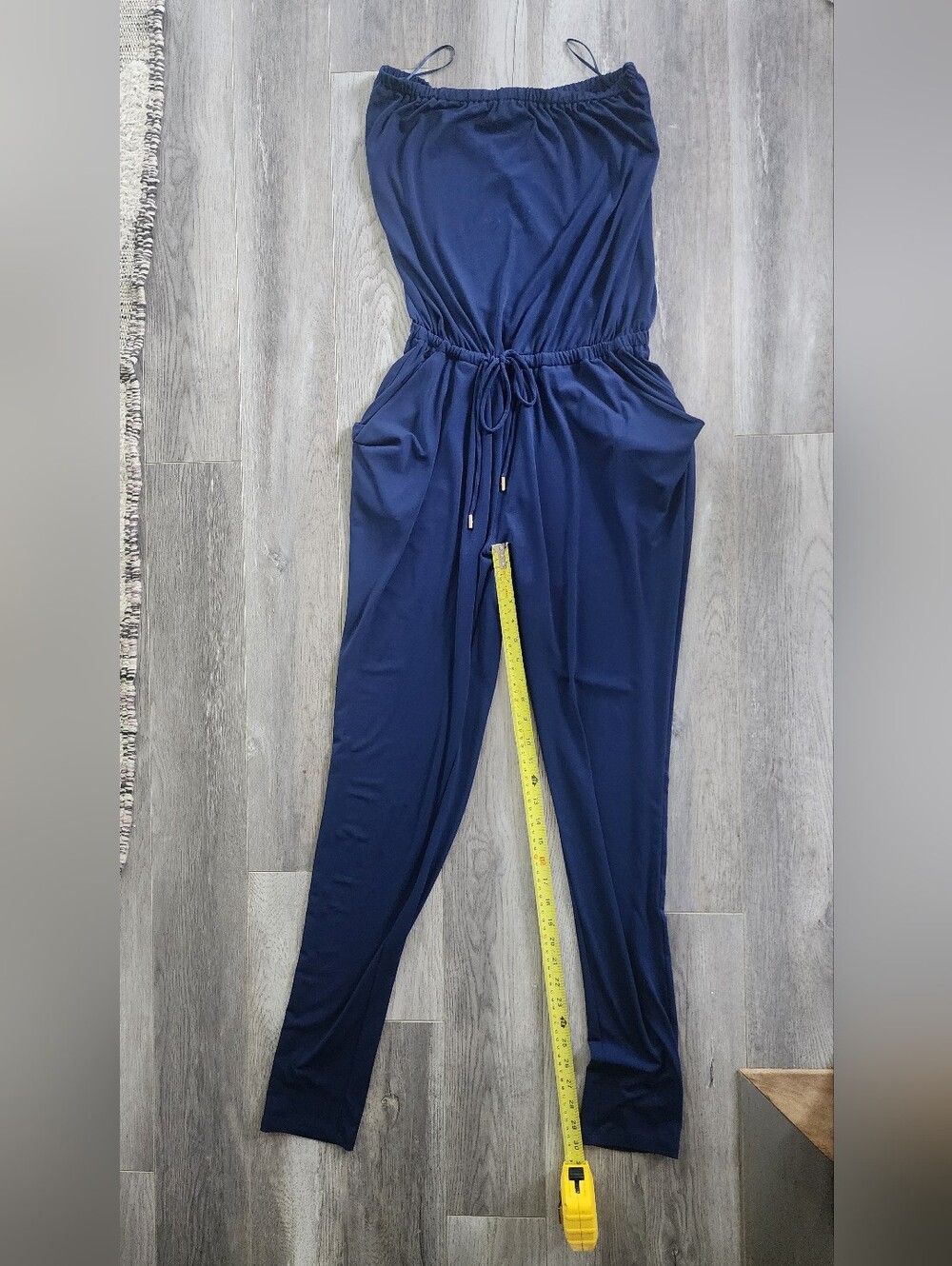 Michael Kors Strapless Navy Drawstring-Waist Jumpsuit With Pockets Medium